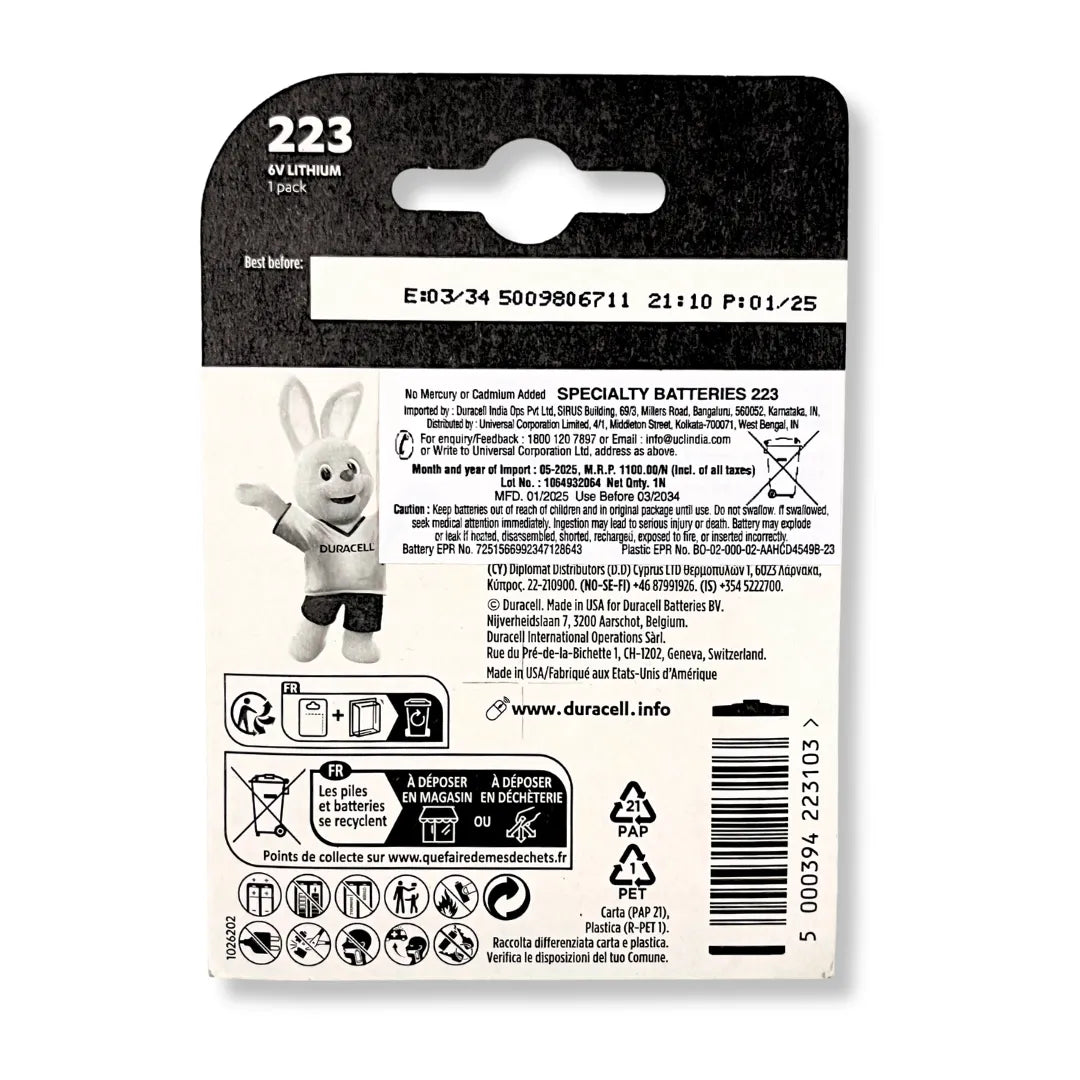 Duracell CR-P2 223 Lithium Batteries 6V - Pack of 1