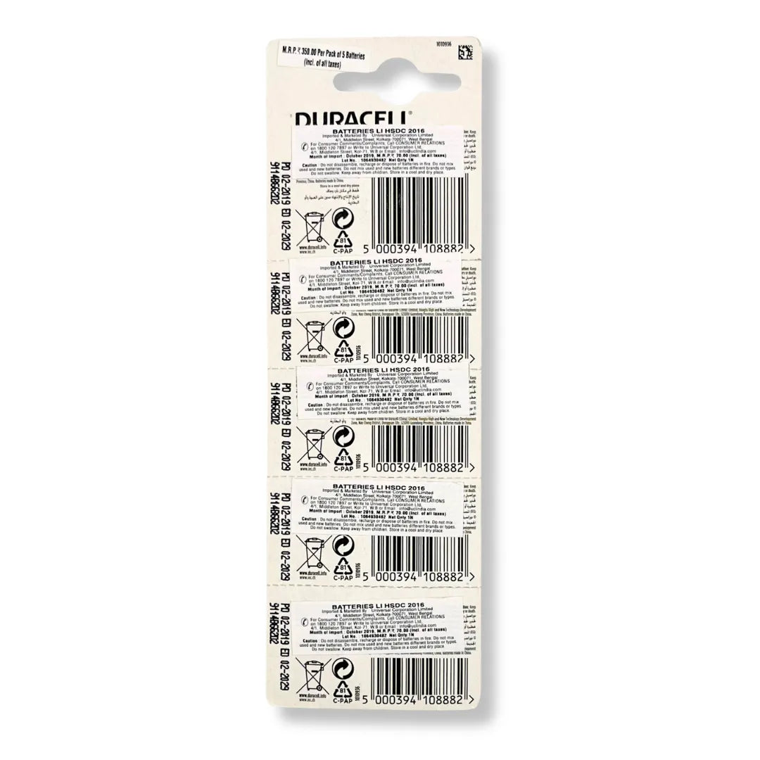 Duracell DL2016 (CR2016) Lithium Button Cell 3V Battery