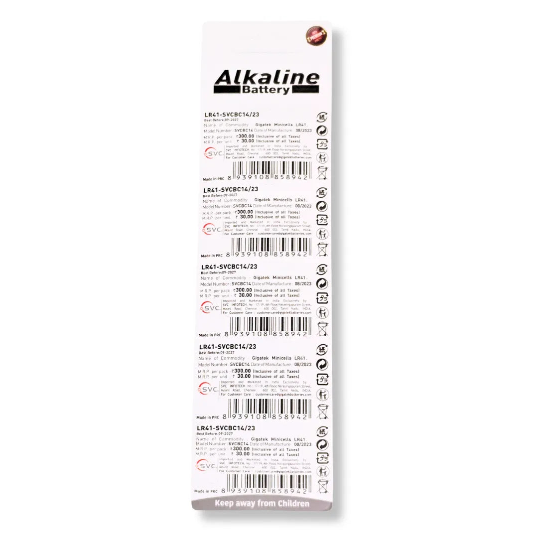 Giga-tek LR41 Alkaline Button Cell Battery AG3 192 1.5V
