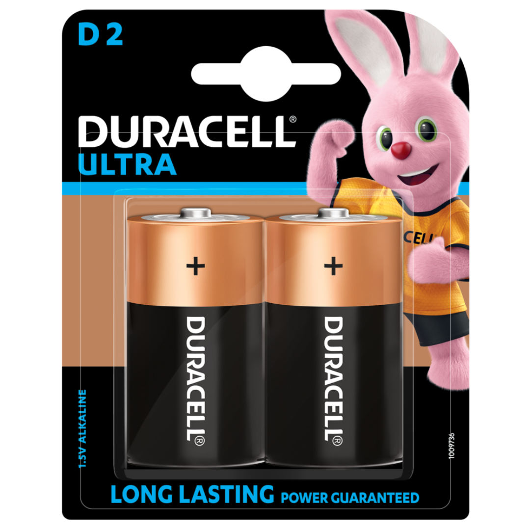 Duracell Ultra Alkaline D battery pack of 2 – ideal for large flashlights, radios, and high-drain devices. Buy online for the best price.