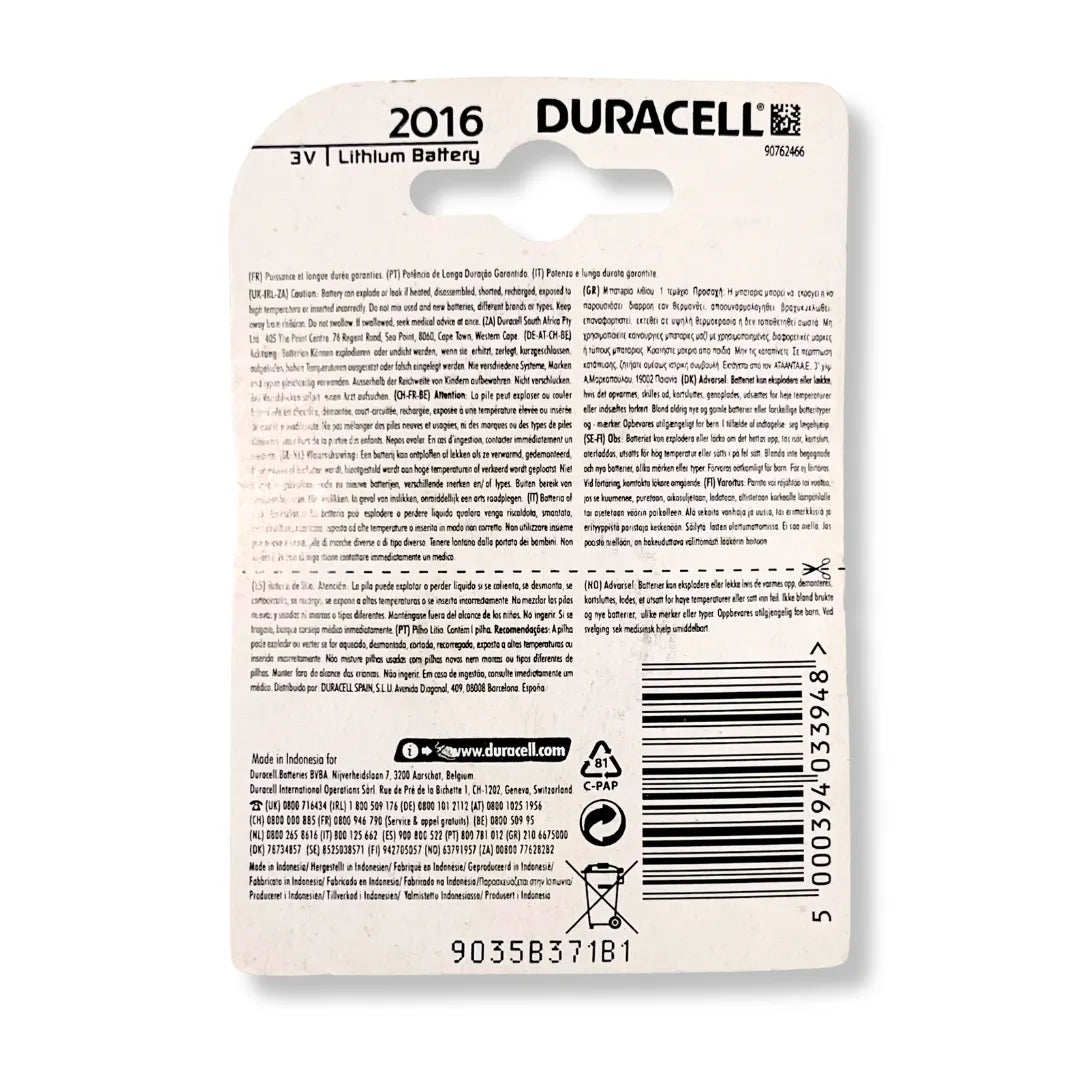 Duracell DL2016 (CR2016) Lithium Button Cell 3V Battery