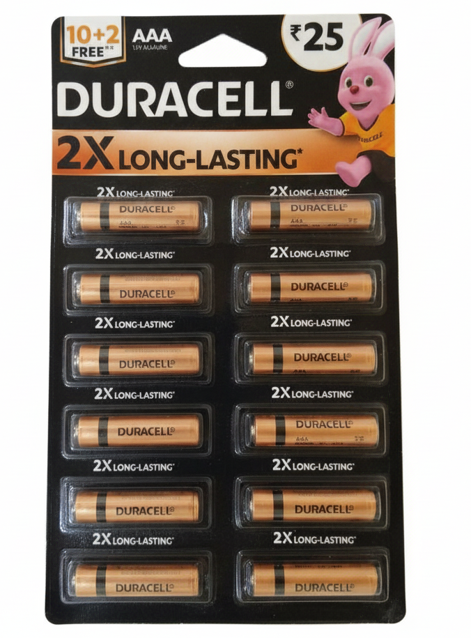 Pack of Duracell AAA batteries with promotional text on a white background
