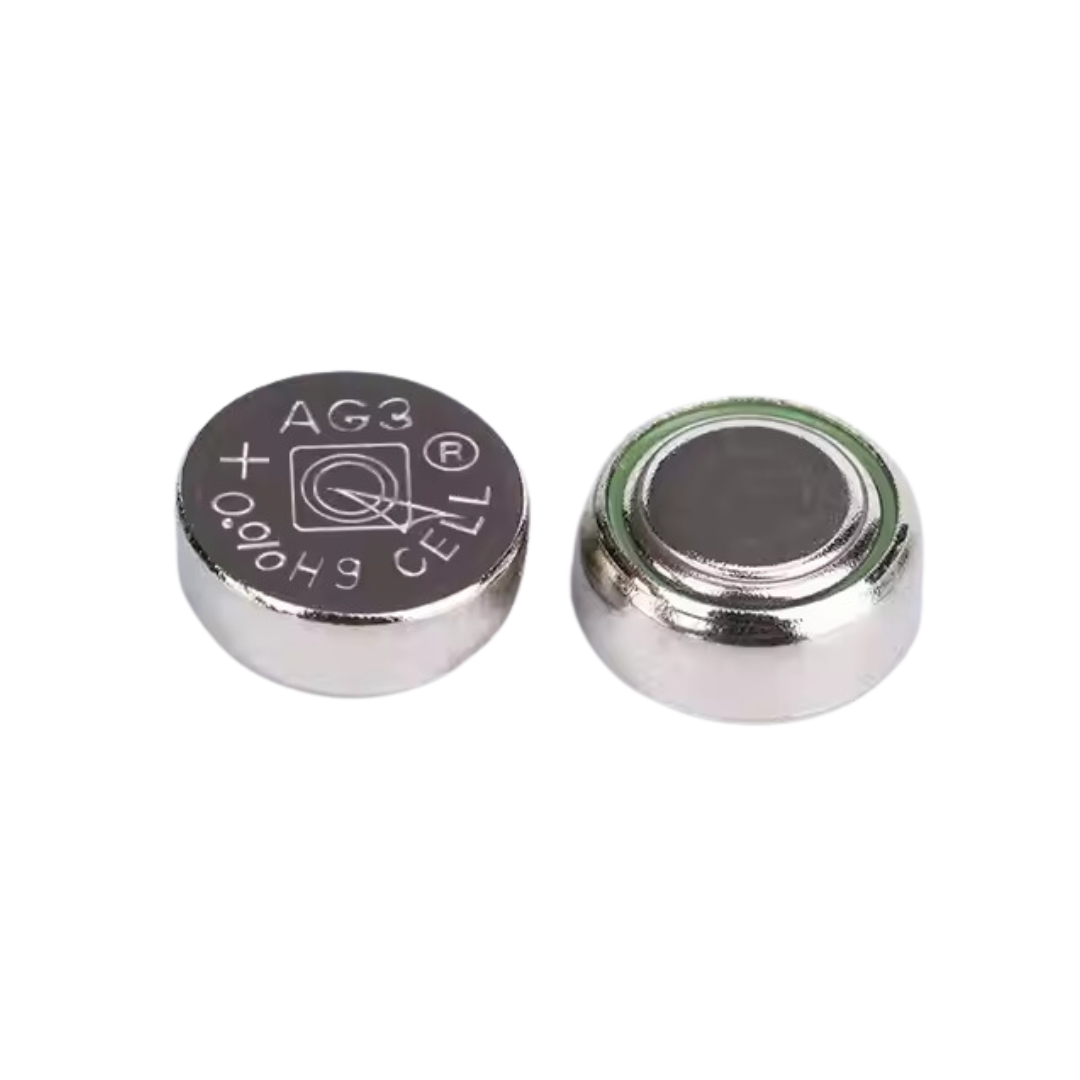 Two silver-colored alkaline button cell batteries, AG3 LR41 392 1.5V, are displayed against a white background.