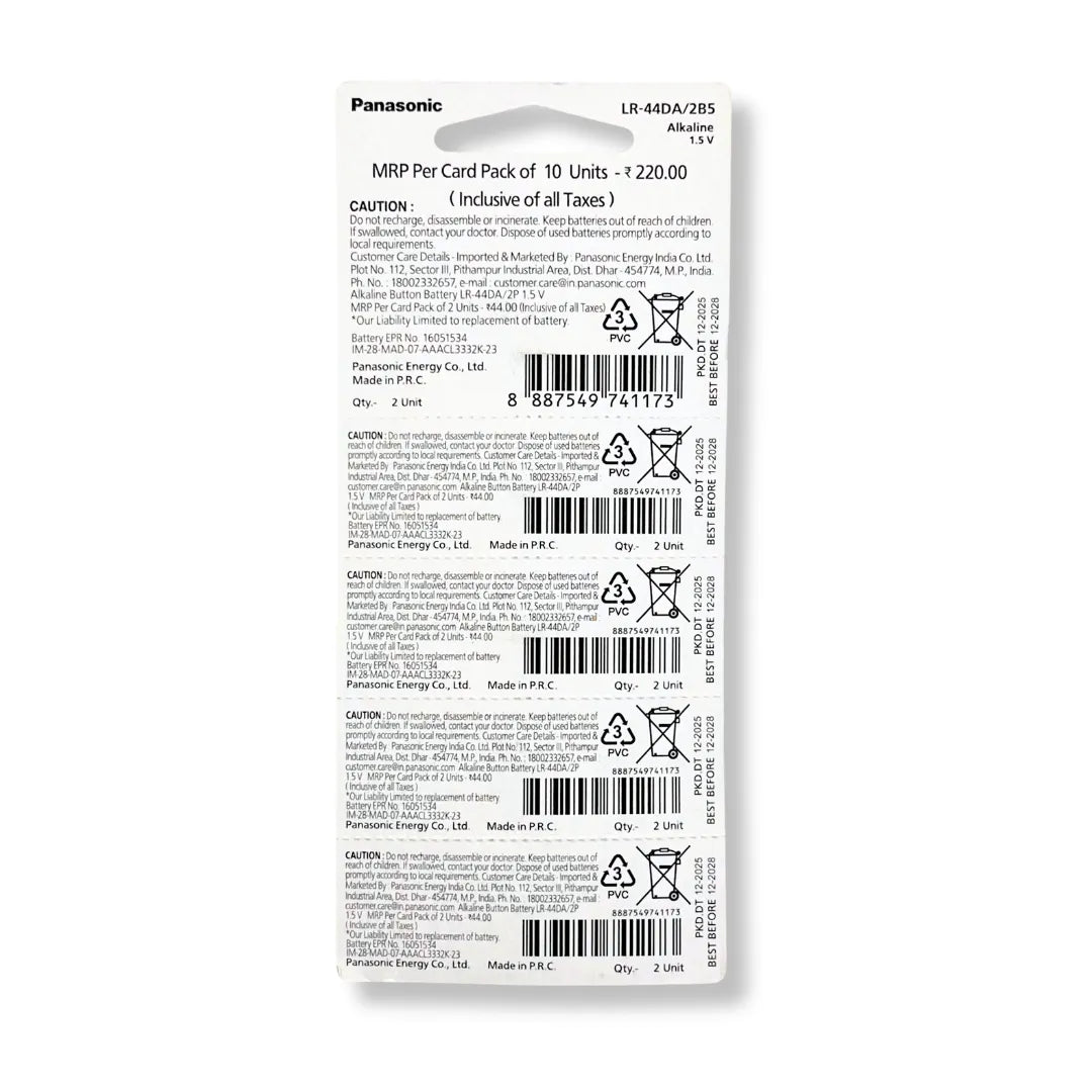 Panasonic LR44 Alkaline Button Cell Battery AG13 357 1.5V - Pack of 10