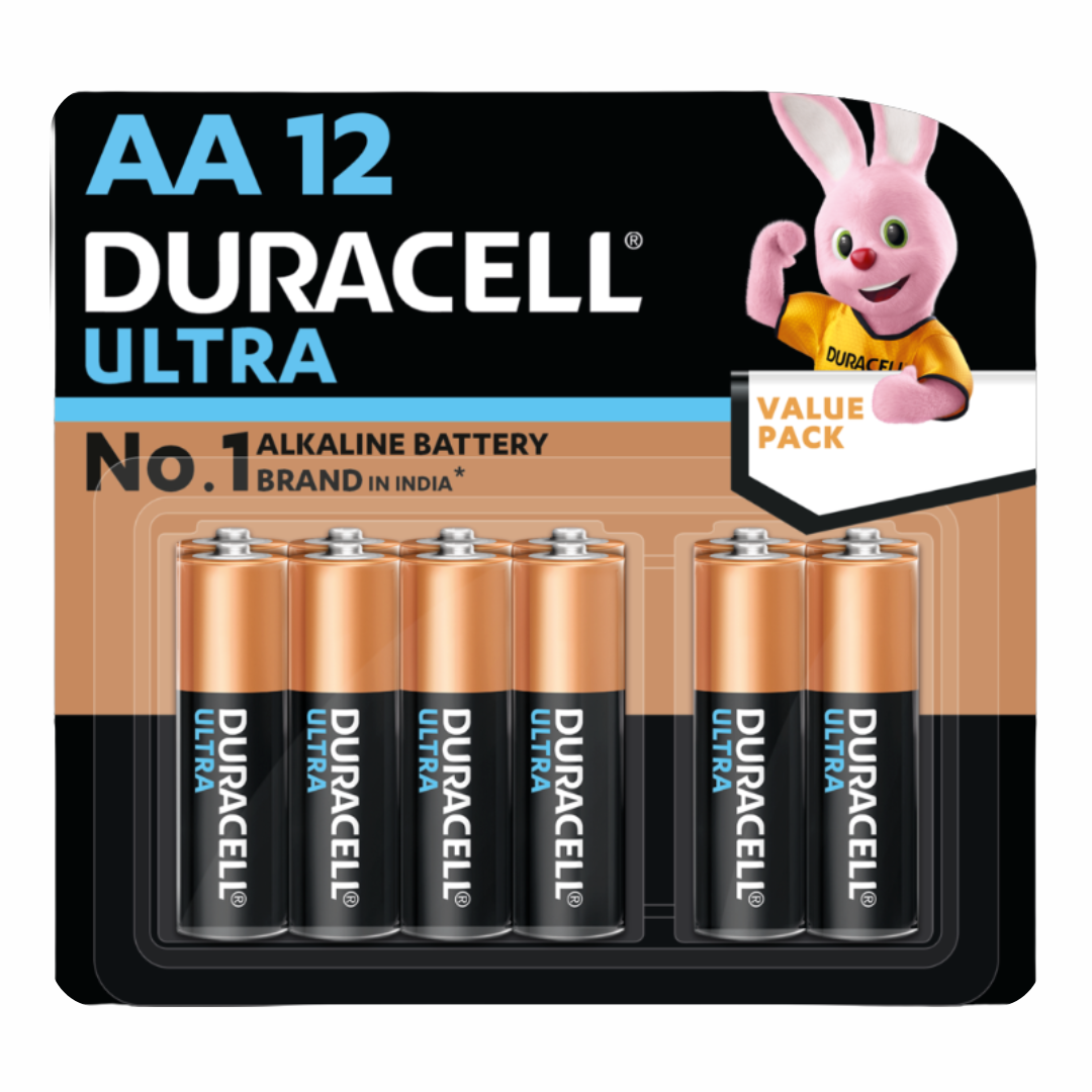 Pack of two Duracell Ultra Alkaline AA batteries, with the brand logo and a cartoon character on the packaging.