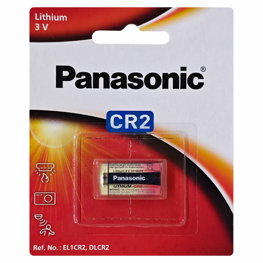 Panasonic CR2 lithium battery packaging with visible branding and product details.