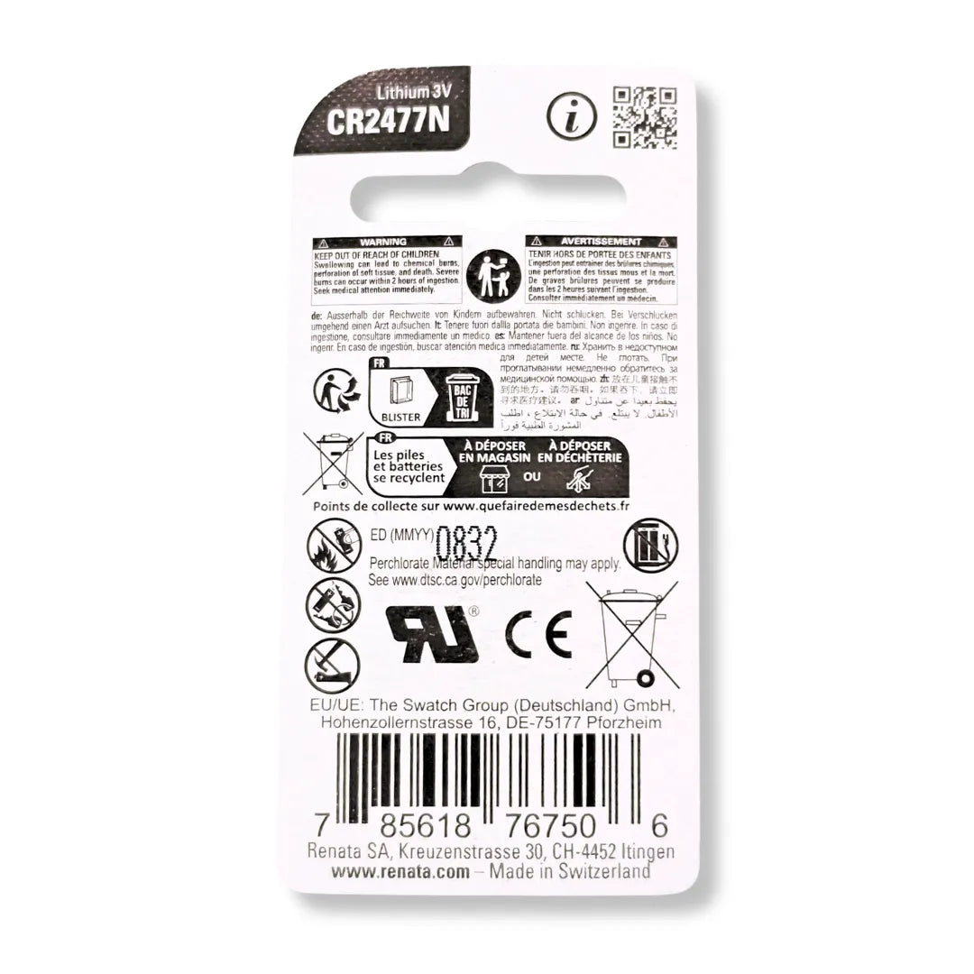 Renata CR2477N Lithium Coin Cell 3V 950mAh Battery - Pack of 1