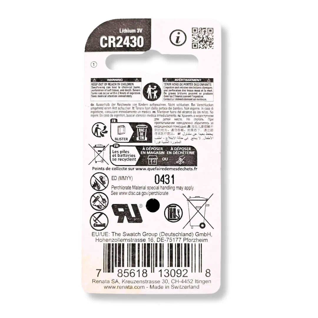 Renata CR2430 Lithium Coin Cell 3V 950mAh Battery - Pack of 1