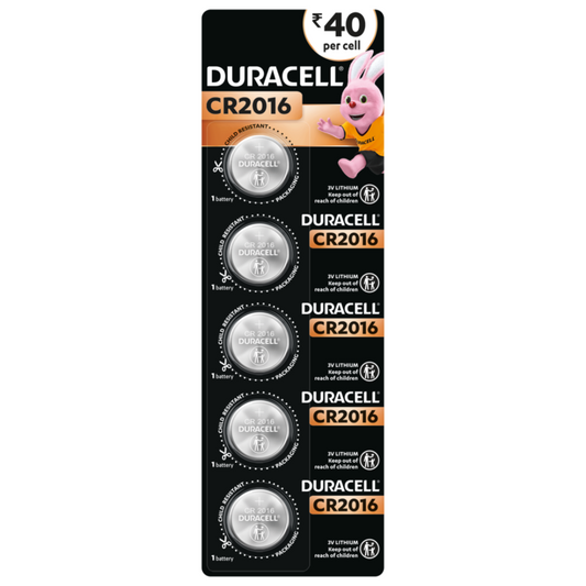 Buy Duracell Chhota Power CR2016 3V lithium button cell battery (pack of 5) for key fobs, calculators, and watches. Best online price in India.