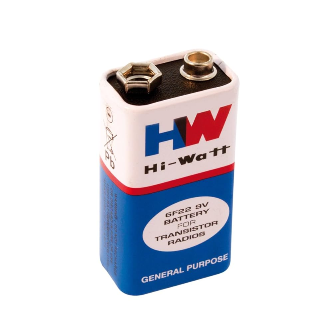 Hi-Watt HW 9V 6F22 carbon zinc battery – reliable power for smoke alarms, toys, and electronic devices. Buy now.