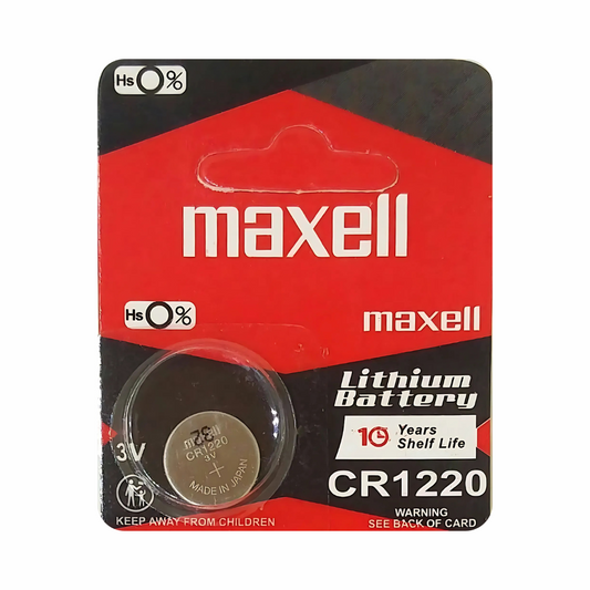 Maxell CR1220 lithium button cell battery – best for calculators, car remotes, and watches. Buy now.