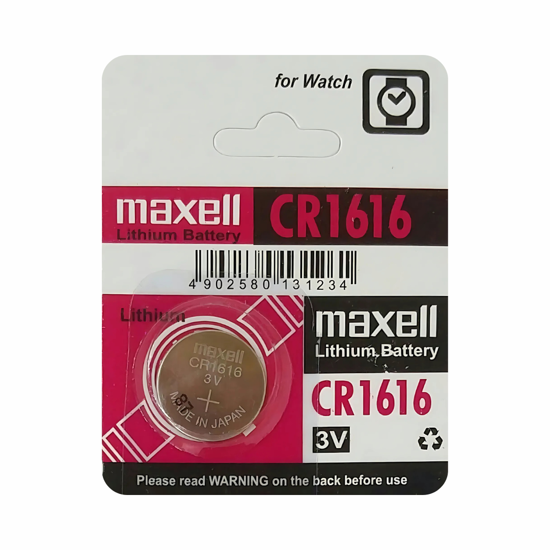 Maxell CR1616 3V lithium button cell battery – reliable power for watches, key fobs, and fitness trackers. Buy now.