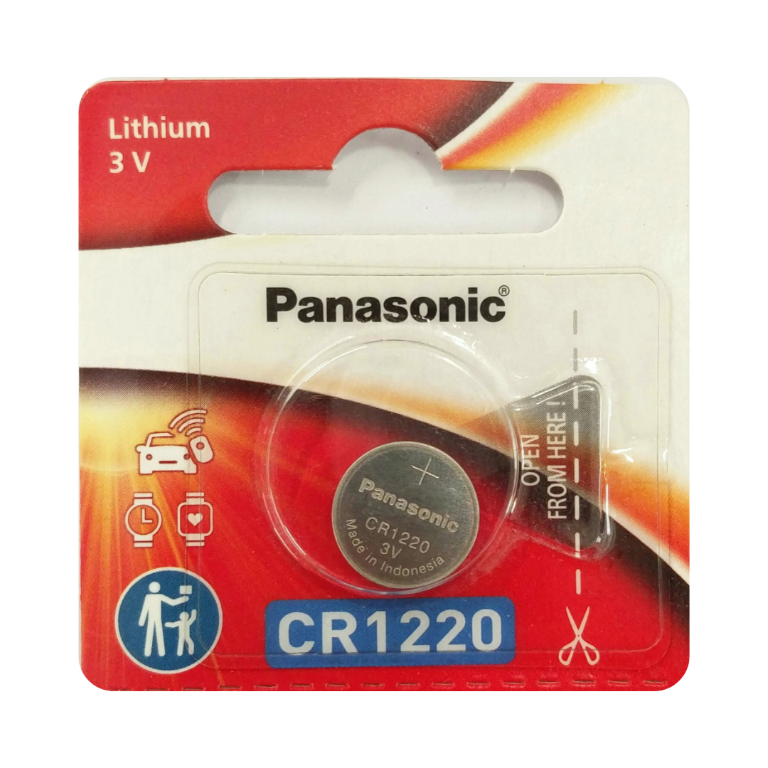 Panasonic CR1220 3V lithium coin cell battery – reliable power for small electronics like watches and key fobs. Buy online.