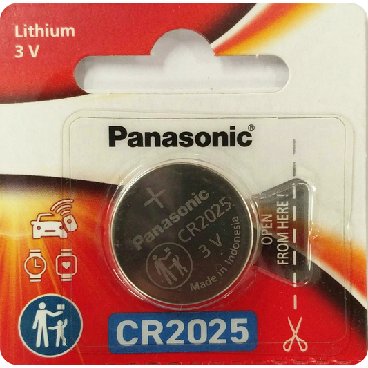 Panasonic CR2025 3V lithium coin cell battery – ideal for watches, calculators, and other small devices.