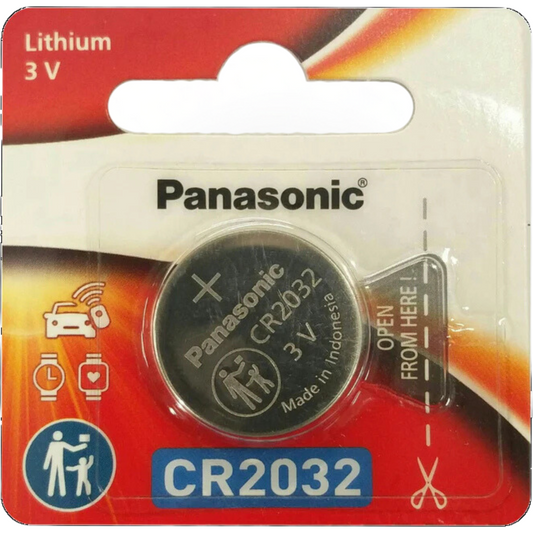 Panasonic CR2032 3V lithium coin cell battery – reliable power for watches, fitness devices, and small electronics.