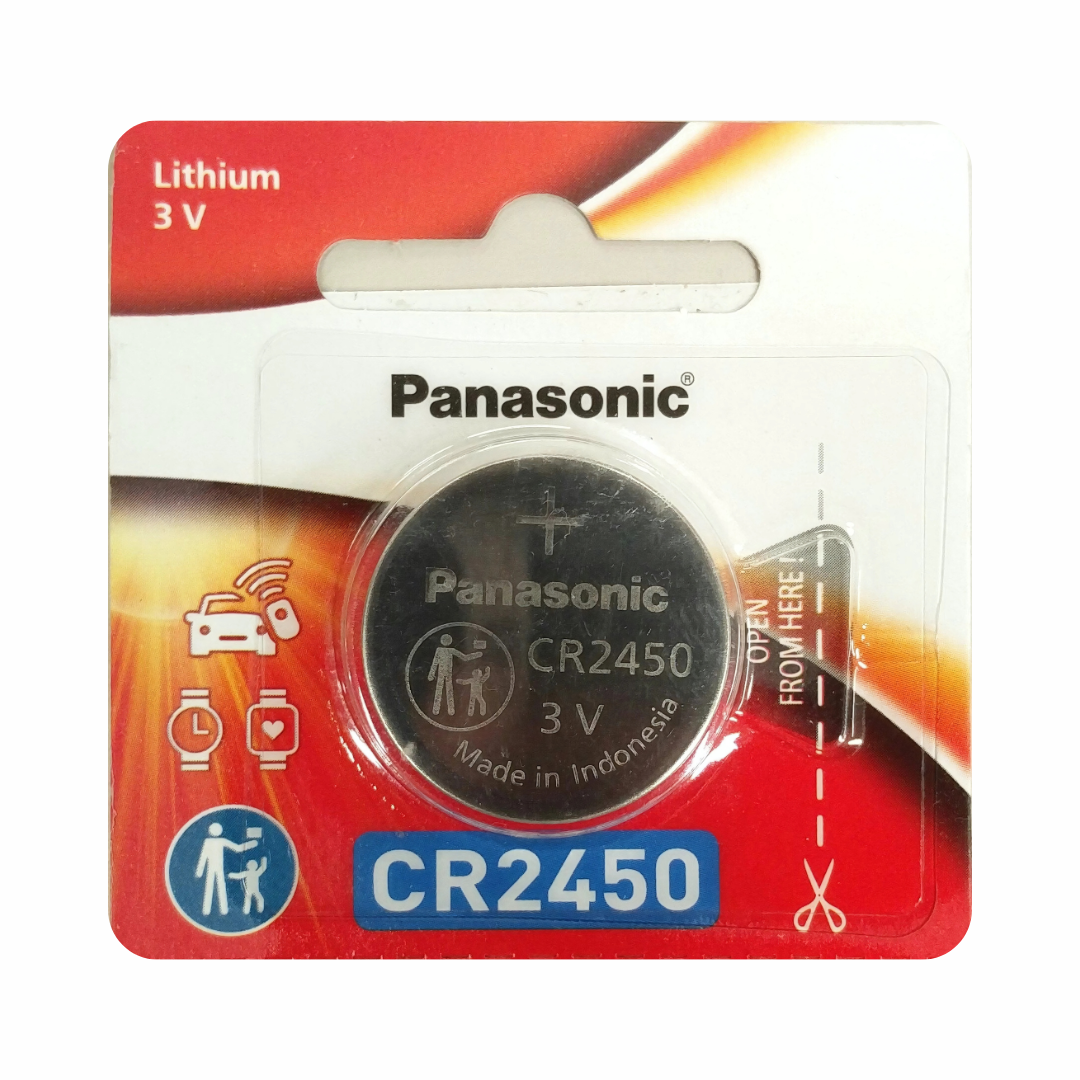 Panasonic CR2450 3V lithium coin cell battery – durable power for high-performance devices like fitness trackers and medical equipment.