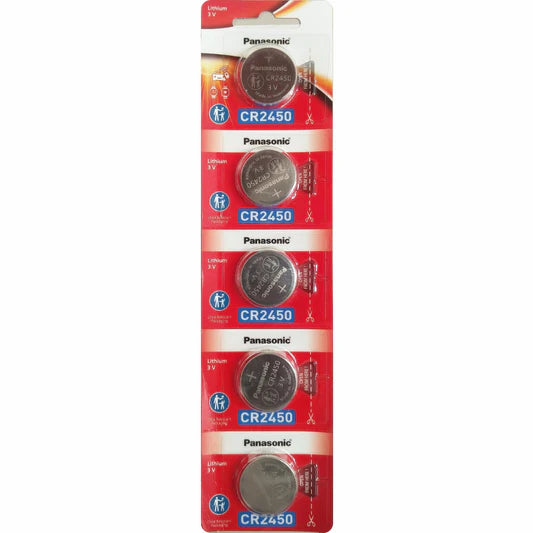 Panasonic CR2450 lithium button cell battery with long-lasting power for calculators, key fobs, and medical devices